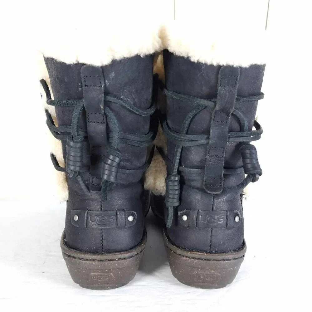 UGG Women's Akadia US 7 Black Leather Sheepskin Shearling Mid Calf Winter Boots